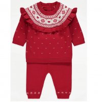 GX512: Baby Girls Red Fairisle Frilled Jumper and Leggings Outfit (12-18 Months)